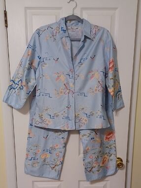 Natori Sz S, Light Blue, Asian Inspired Print Pajama Set. Organic Cotton